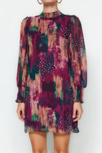 TRENDYOLMİLLA Multicolored Abstract Patterned shift/Plain Cut Short / Mini Weaving Siphon Dress - Image 5