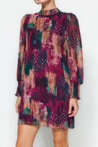 TRENDYOLMİLLA Multicolored Abstract Patterned shift/Plain Cut Short / Mini Weaving Siphon Dress - Image 6