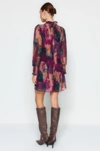 TRENDYOLMİLLA Multicolored Abstract Patterned shift/Plain Cut Short / Mini Weaving Siphon Dress - Image 7