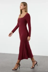 TRENDYOLMİLLA Burgundy Maxi with flywheel Square Neck Fitted Maxi Flexible Knitting Dress - Image 2