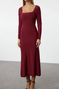 TRENDYOLMİLLA Burgundy Maxi with flywheel Square Neck Fitted Maxi Flexible Knitting Dress - Image 4