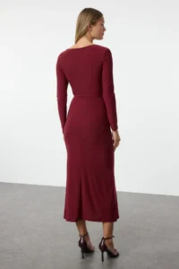 TRENDYOLMİLLA Burgundy Maxi with flywheel Square Neck Fitted Maxi Flexible Knitting Dress - Image 5
