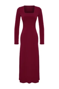 TRENDYOLMİLLA Burgundy Maxi with flywheel Square Neck Fitted Maxi Flexible Knitting Dress - Image 6