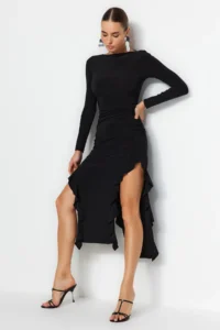 TRENDYOLMİLLA Black Skirt with flywheel Kayık Kaya Maxi Flexible Knitting Dress