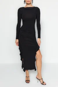 TRENDYOLMİLLA Black Skirt with flywheel Kayık Kaya Maxi Flexible Knitting Dress - Image 4