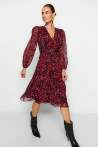 TRENDYOLMİLLA Burgundy Floral skater/Belden Flared Midi Weaving Siphon Dress