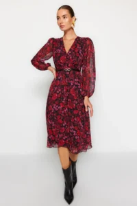 TRENDYOLMİLLA Burgundy Floral skater/Belden Flared Midi Weaving Siphon Dress - Image 2
