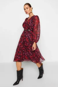 TRENDYOLMİLLA Burgundy Floral skater/Belden Flared Midi Weaving Siphon Dress - Image 3