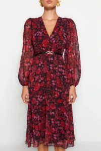 TRENDYOLMİLLA Burgundy Floral skater/Belden Flared Midi Weaving Siphon Dress - Image 4