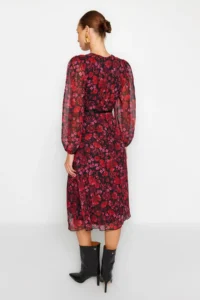 TRENDYOLMİLLA Burgundy Floral skater/Belden Flared Midi Weaving Siphon Dress - Image 6