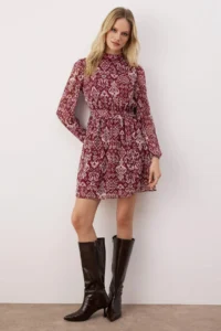 TRENDYOLMİLLA Multicolored Ethnic High Neck A-Cut/Life Form Short / Mini Weaving Siphon Dress