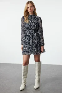 TRENDYOLMİLLA NAVY BLUE Ethnic High Neck A-Cut/Life Form Short / Mini Weaving Siphon Dress - Image 2