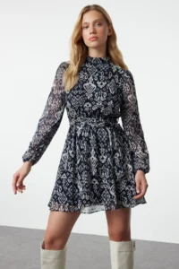 TRENDYOLMİLLA NAVY BLUE Ethnic High Neck A-Cut/Life Form Short / Mini Weaving Siphon Dress - Image 3