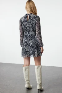 TRENDYOLMİLLA NAVY BLUE Ethnic High Neck A-Cut/Life Form Short / Mini Weaving Siphon Dress - Image 6