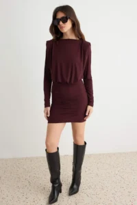 TRENDYOLMİLLA Brown padded Draped Fitted Mini Flexible Knitting Pen Dress