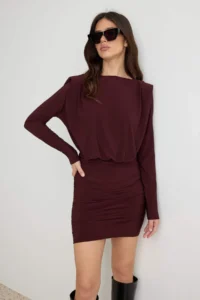 TRENDYOLMİLLA Brown padded Draped Fitted Mini Flexible Knitting Pen Dress - Image 2