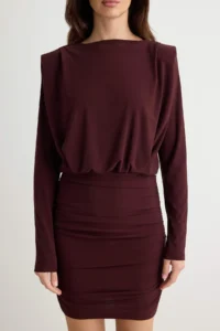 TRENDYOLMİLLA Brown padded Draped Fitted Mini Flexible Knitting Pen Dress - Image 3