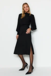 TRENDYOLMİLLA Black Midi slit Weaving Dress - Image 3