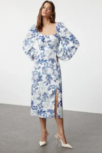TRENDYOLMİLLA BLUE Abstract BLUE flower patterned Midi Weaving Dress
