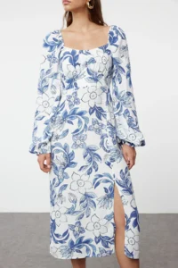 TRENDYOLMİLLA BLUE Abstract BLUE flower patterned Midi Weaving Dress - Image 3