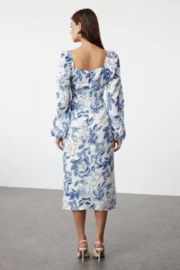TRENDYOLMİLLA BLUE Abstract BLUE flower patterned Midi Weaving Dress - Image 5