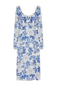 TRENDYOLMİLLA BLUE Abstract BLUE flower patterned Midi Weaving Dress - Image 6