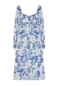 TRENDYOLMİLLA BLUE Abstract BLUE flower patterned Midi Weaving Dress - Image 7