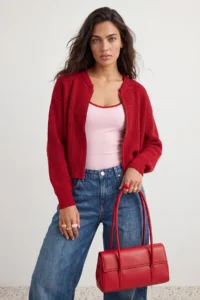 TRENDYOLMİLLA Dark Red Wide Pattern Bomber Jacket Jacket Collar Zippered Knitwear Cardigan
