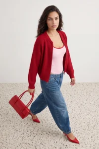 TRENDYOLMİLLA Dark Red Wide Pattern Bomber Jacket Jacket Collar Zippered Knitwear Cardigan - Image 2