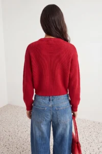TRENDYOLMİLLA Dark Red Wide Pattern Bomber Jacket Jacket Collar Zippered Knitwear Cardigan - Image 3