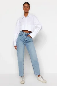 TRENDYOLMİLLA Light BLUE High Waist Mom 100% Cotton Non-Stretch jeans