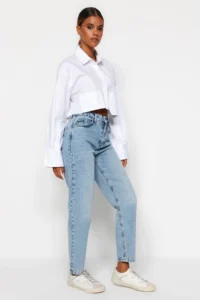 TRENDYOLMİLLA Light BLUE High Waist Mom 100% Cotton Non-Stretch jeans - Image 2