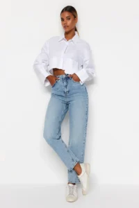 TRENDYOLMİLLA Light BLUE High Waist Mom 100% Cotton Non-Stretch jeans - Image 3