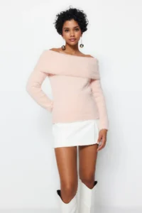TRENDYOLMİLLA Powder PINK Carnen Collar Hairy/Beard Thread Knitwear Sweater - Image 2