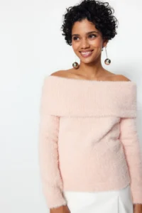 TRENDYOLMİLLA Powder PINK Carnen Collar Hairy/Beard Thread Knitwear Sweater - Image 3
