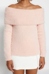 TRENDYOLMİLLA Powder PINK Carnen Collar Hairy/Beard Thread Knitwear Sweater - Image 4