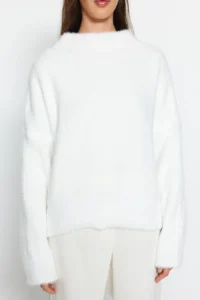 TRENDYOLMİLLA Ecru Hairy/Beard Thread High Neck Knitwear Sweater - Image 2