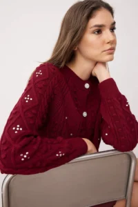 TRENDYOLMİLLA Burgundy Double Sided Usable Knitwear Sweater-Cardigan - Image 3