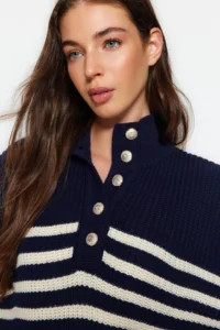 TRENDYOLMİLLA NAVY BLUE Wide Pattern High Neck Striped Knitwear Sweater - Image 3