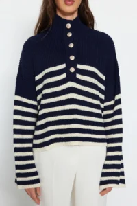 TRENDYOLMİLLA NAVY BLUE Wide Pattern High Neck Striped Knitwear Sweater - Image 4