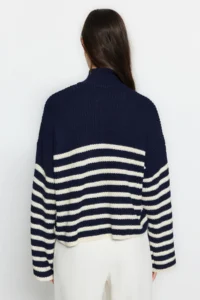 TRENDYOLMİLLA NAVY BLUE Wide Pattern High Neck Striped Knitwear Sweater - Image 5