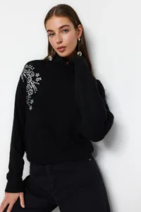 TRENDYOLMİLLA Black Soft textured Stone Detailed Turtleneck Knitwear Sweater - Image 3