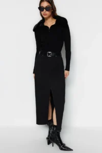TRENDYOLMİLLA Black Polo Shirt Collar Faux Fur Detailed Knitwear Sweater - Image 2