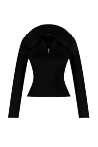 TRENDYOLMİLLA Black Polo Shirt Collar Faux Fur Detailed Knitwear Sweater - Image 6
