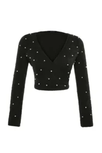 TRENDYOLMİLLA Black Super Crop Hairy/Beard Thread Pearl Detailed Knitwear Sweater - Image 5