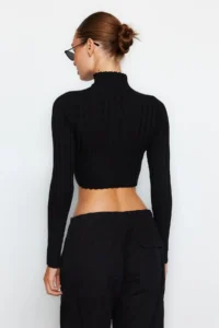 TRENDYOLMİLLA Black Mercerized Look Super Crop High Neck Knitwear Bodysuit Sweater - Image 12