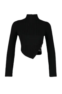 TRENDYOLMİLLA Black Mercerized Look Super Crop High Neck Knitwear Bodysuit Sweater - Image 13