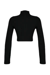 TRENDYOLMİLLA Black Mercerized Look Super Crop High Neck Knitwear Bodysuit Sweater - Image 14