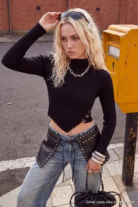 TRENDYOLMİLLA Black Mercerized Look Super Crop High Neck Knitwear Bodysuit Sweater - Image 2