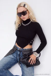 TRENDYOLMİLLA Black Mercerized Look Super Crop High Neck Knitwear Bodysuit Sweater - Image 5